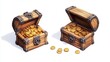 © Ragnar - Game reward rare treasure chest Isolated on white background. Chest with treasure, empty and full wooden box with golden coins.