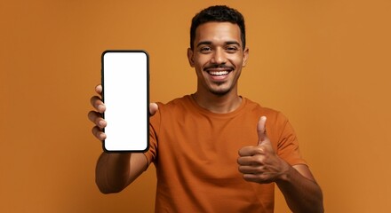 Great offer. Cheerful brazilian man in casual holding huge phone with white blank screen and showing thumb up, recommending online shopping and easy fast banking, orange studio background
