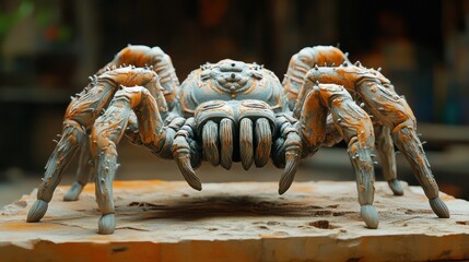 Wall Mural - Fearsome Hairy Tarantula Spider with Menacing Fangs Lurking in the Darkness Exotic Arachnid Predator Waiting to Attack in the Wilderness