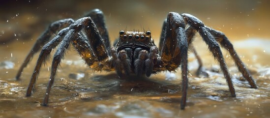 Wall Mural - An imposing dark colored spider with long spindly legs crawling across a wet reflective surface in a mysterious ominous natural environment
