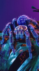 Wall Mural - A vibrant and highly detailed close up shot of a colorful hairy tarantula spider with piercing eyes and sharp fangs  The spider is presented against a dark moody background