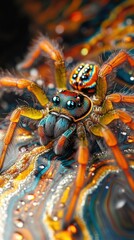 Wall Mural - Mesmerizing Macro Shot of a Vibrant Orange Spider Showcasing its Intricate Details and Captivating Anatomy  The close up image highlights the spider s hairy legs large eyes and intricate pattern