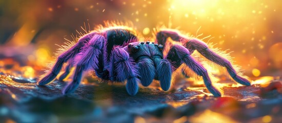 Wall Mural - Mesmerizing Close Up of a Vibrant Glowing Tarantula Crawling in a Dramatic Tropical Environment at Sunset  The Arachnid s Hairy Legs Fangs and Eyes are Captured in Vivid Detail