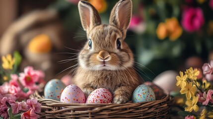 Wall Mural - Festive table with an adorable bunny among Easter decorations and bright eggs