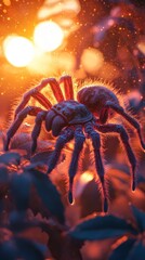 Wall Mural - Intimidating Tarantula with Glowing Eyes in Surreal Lighting   Close up macro shot of a large hairy spider with intense bright eyes against a dark