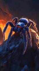 Wall Mural - Dramatic close up of a fierce hairy spider like arachnid silhouetted against a backdrop of glowing embers and flickering flames creating an intense eerie and ominous scene