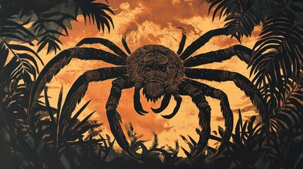 Wall Mural - Gigantic spider silhouette looming over a dramatic tropical landscape at sunset  The massive arachnid casts an ominous shadow over the jungle foliage and palm trees in this surreal fantastical