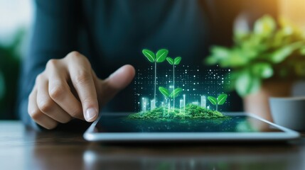 Aufkleber - Concept of Digital Gardening and Sustainable Development with Hands Engaging Tablet Displaying Growing Plants and Eco-Friendly Progress in Technology