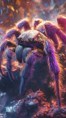 Wall Mural - Striking close up photograph showcasing the intricate details and vibrant colors of a tarantula spider s hairy body sharp fangs and eight legs