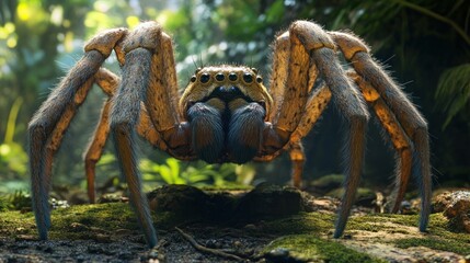 Wall Mural - Massive Hairy Tarantula Spider Crawling on Moss Covered Forest Floor Close up View of Creepy Arachnid Predator in Natural Habitat