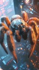 Wall Mural - Menacing close up shot of a large hairy brown spider with glowing fangs and multiple eyes reflecting in the glass of a window or terrarium