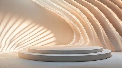 A podium on a bright white stage, bathed in soft light with an abstract light pattern as the backdrop, creating a dynamic yet minimalist environment