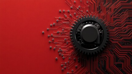 Poster - Abstract technology background featuring a mechanical gear integrated with circuit patterns on a vivid red backdrop, symbolizing innovation and digital transformation.
