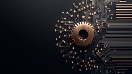 Poster - Abstract representation of a futuristic technology concept featuring a central gear connected to intricate circuit patterns, symbolizing innovation and connectivity in modern systems.