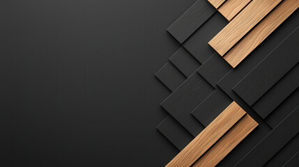 Fototapete - Modern geometric design featuring wooden planks on black background, creating stylish and sophisticated look. Perfect for interior design or architectural projects