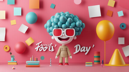 Poster - Bright and lively cartoon character celebrating April Fool Day with colorful decorations and playful elements. cheerful atmosphere filled with fun and creativity