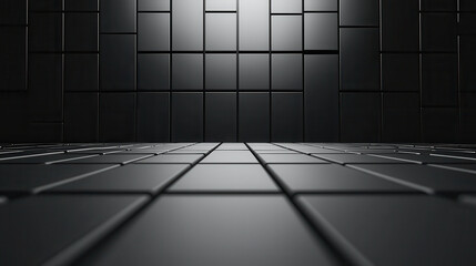 Poster - Dark black background with faint geometric grid pattern, creating modern and minimalistic atmosphere. perspective emphasizes depth and structure