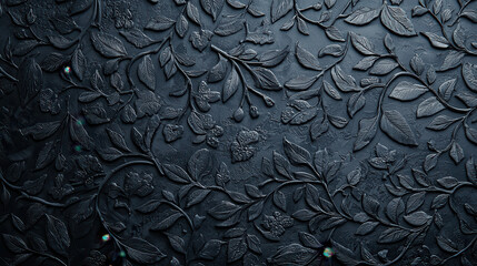 Poster - Textured black and grey background featuring intricate floral and leaf patterns, creating sophisticated and elegant atmosphere. Ideal for design projects or artistic presentations