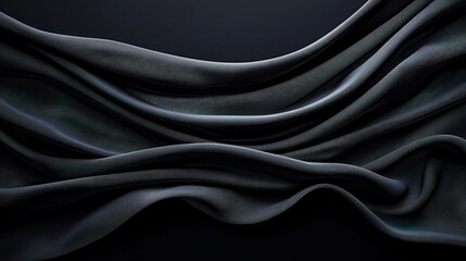 Poster - Smooth black fabric draped elegantly, creating soft waves and intricate textures. subtle sheen enhances depth and richness of material, evoking sense of luxury and sophistication