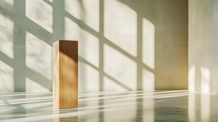 Wall Mural - A wooden podium standing on a smooth marble floor, with sunlight streaming through tall glass windows casting soft shadows, creating a clean, elegant backdrop