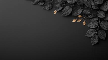 Aufkleber - Delicate black leaves with golden accents on soft black background create elegant and sophisticated atmosphere. Perfect for design and decoration