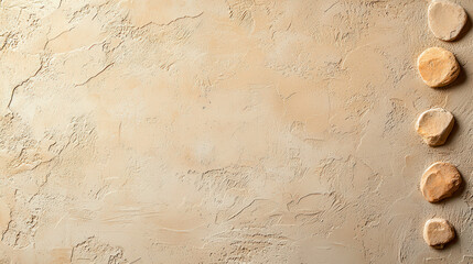 Poster - Textured cream background with smooth stones arranged in line, creating serene and calming atmosphere. Ideal for wellness or relaxation themes