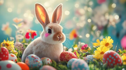 Wall Mural - Realistic scene of a childs cheek with a painted bunny and large bunny ears, surrounded by colorful Easter decorations and flowers