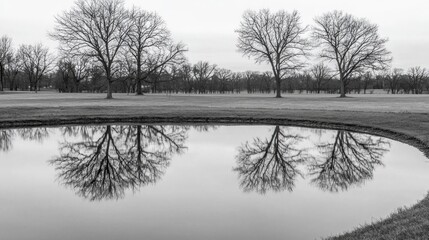 Wall Mural - Winter trees reflect in calm pond, golf course background