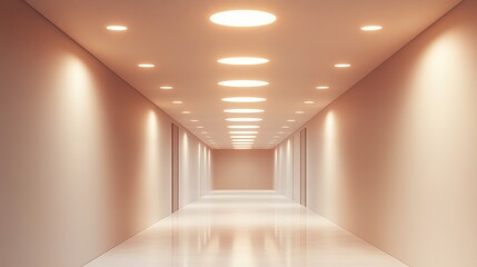 Wall Mural - bright and spacious long corridor with smooth white walls and soft ceiling lights creating a clean a