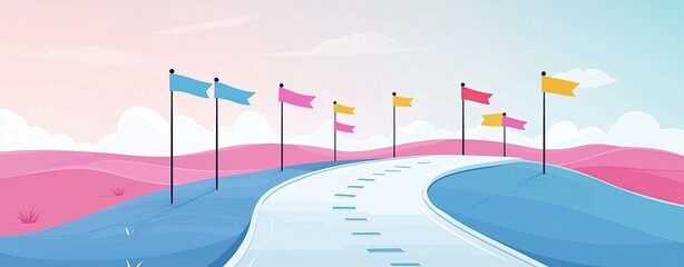 Wall Mural - serene landscape with curved road and colorful flags in a soft pink and blue environment, dream goal