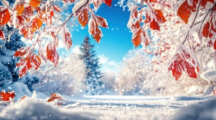 Wall Mural - Snowy forest path, red leaves, winter wonderland, postcard