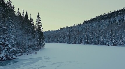 Wall Mural - Frozen river, snow-covered forest, winter dusk, tranquil scene, nature background