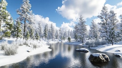 Wall Mural - Snowy forest lake winter landscape, calm water, sunny day, postcard