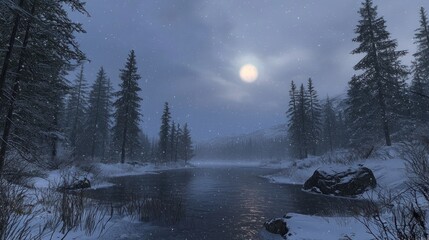 Wall Mural - Snowy river, moonlit forest, winter night, calm scene, nature background