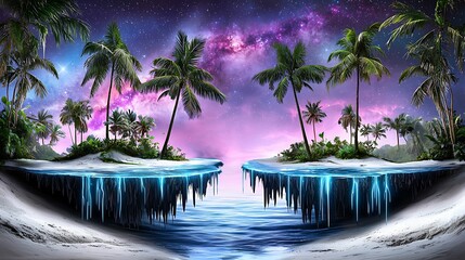 Wall Mural - a surreal landscape featuring palm trees, a starry sky, and glowing waters, creating a dreamlike tro