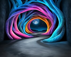 Wall Mural - A vibrant, mystical pathway surrounded by colorful, illuminated tree-like structures leads to a starry night sky. psychedelic vivid dreamscape concept,