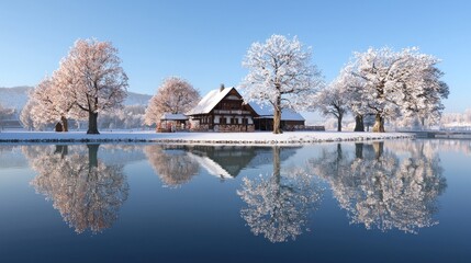 Wall Mural - Snowy Lakeside Cabin, Winter Reflection, Calm Scene,  Postcard