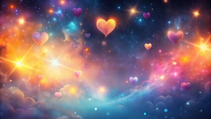Wall Mural - Celestial Heartscape A Dreamy Cosmic Scene of Glowing Love Symbols Floating Amidst Starry Nebulae and Soft Clouds