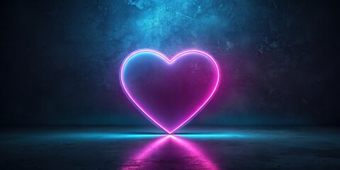 Wall Mural - neon heart glowing in dark room with blue and pink light reflection