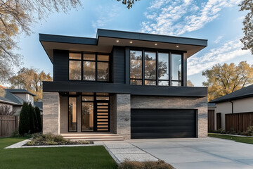 Poster - Modern suburban house exterior with black siding and large windows showing greenery