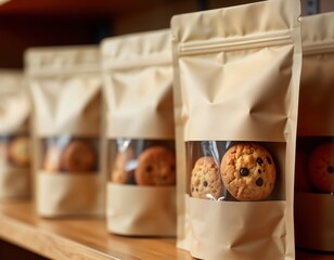 Craft paper bags hold soft cookies. Zipper pouches display bakery snacks. Wooden shelf holds row of packaging. Mockup template for eco-friendly packaging design. Bakery products in store. Pouch