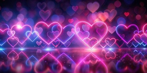 Wall Mural - glowing neon hearts reflecting on a dark surface, a romantic and abstract background