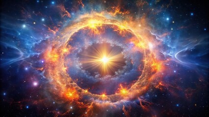 Wall Mural - A radiant celestial event, cosmic energy bursts forth from a fiery nebula, illuminating the vast expanse of space with brilliant light and swirling gases.