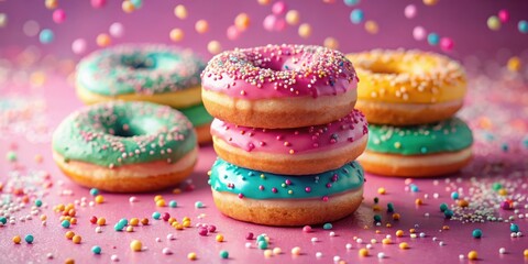 Wall Mural - A delightful stack of three colorful donuts with sprinkles, surrounded by more sprinkles on a pink surface