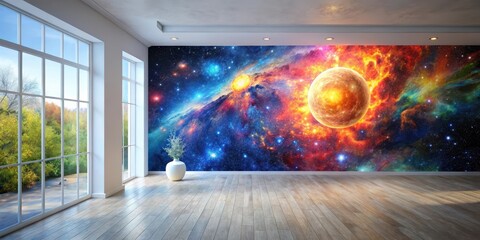 Wall Mural - Serene Room Decorated with Vibrant Cosmic Mural Featuring a Fiery Nebula and Celestial Body