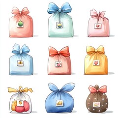 Wall Mural - Nine adorable gift bags with ribbons and tags, each a different color and design.