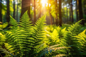 Canvas Print - Lush Summer Forest: Vibrant Green Fern Thicket Stock Photo