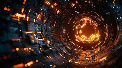 Sticker - futuristic abstract technology tunnel with glowing orange circuits and lights