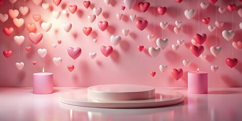 Wall Mural - romantic pink studio display with hanging hearts and candles