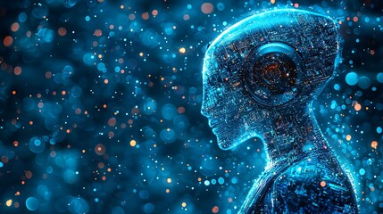 Wall Mural - futuristic ai robot head profile digital art circuitry technology abstract blue bokeh background